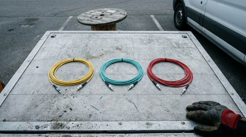 Yellow, aqua and red fiber patch cords coiled on a van tailgate, one for each kind of fiber testing tool