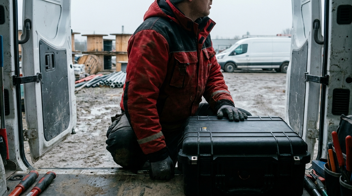 Fiber contractor at the open doors of a work van, one hand on a closed splicer transit case in a muddy yard