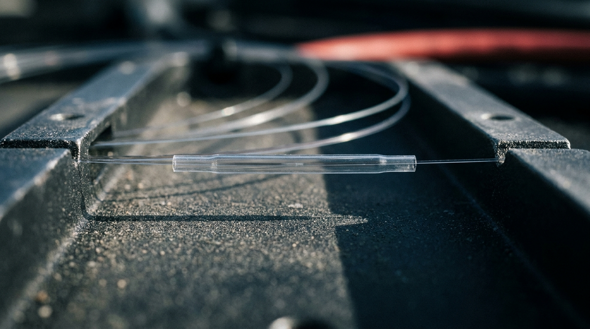 Finished fusion splice in a heat-shrink sleeve seated in a splice tray, the output a budget core alignment splicer makes
