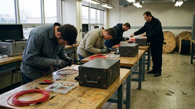 Students practicing fiber splicing at benches in a training lab, equipment cases and cable drums around them