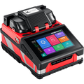 Karvinger KEFOK6 6-motor core-alignment fiber fusion splicer, front view with color touchscreen showing VFL and OPM menu