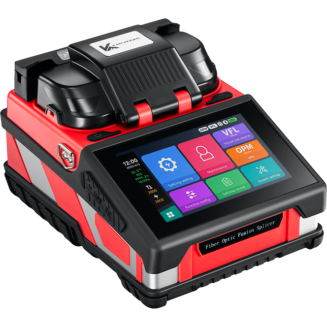 Karvinger KEFOK6 6-motor core-alignment fiber fusion splicer, front view with color touchscreen showing VFL and OPM menu