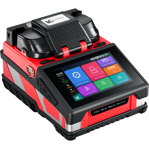 Karvinger KEFOK6 6-motor core-alignment fiber fusion splicer, front view with color touchscreen showing VFL and OPM menu